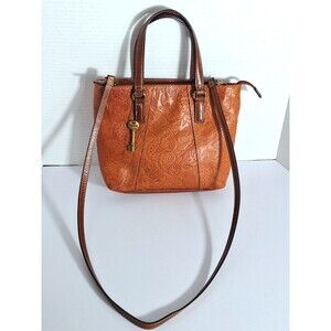 Fossil Brown Embossed Leather Crossbody Shoulder Bag Floral Y2K Boho Western